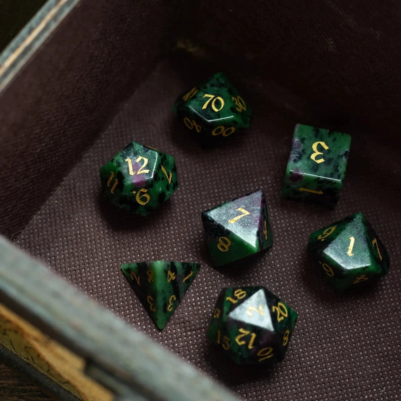 Zoisite Polyhedral Gemstone DND Dice Set by Runic Dice