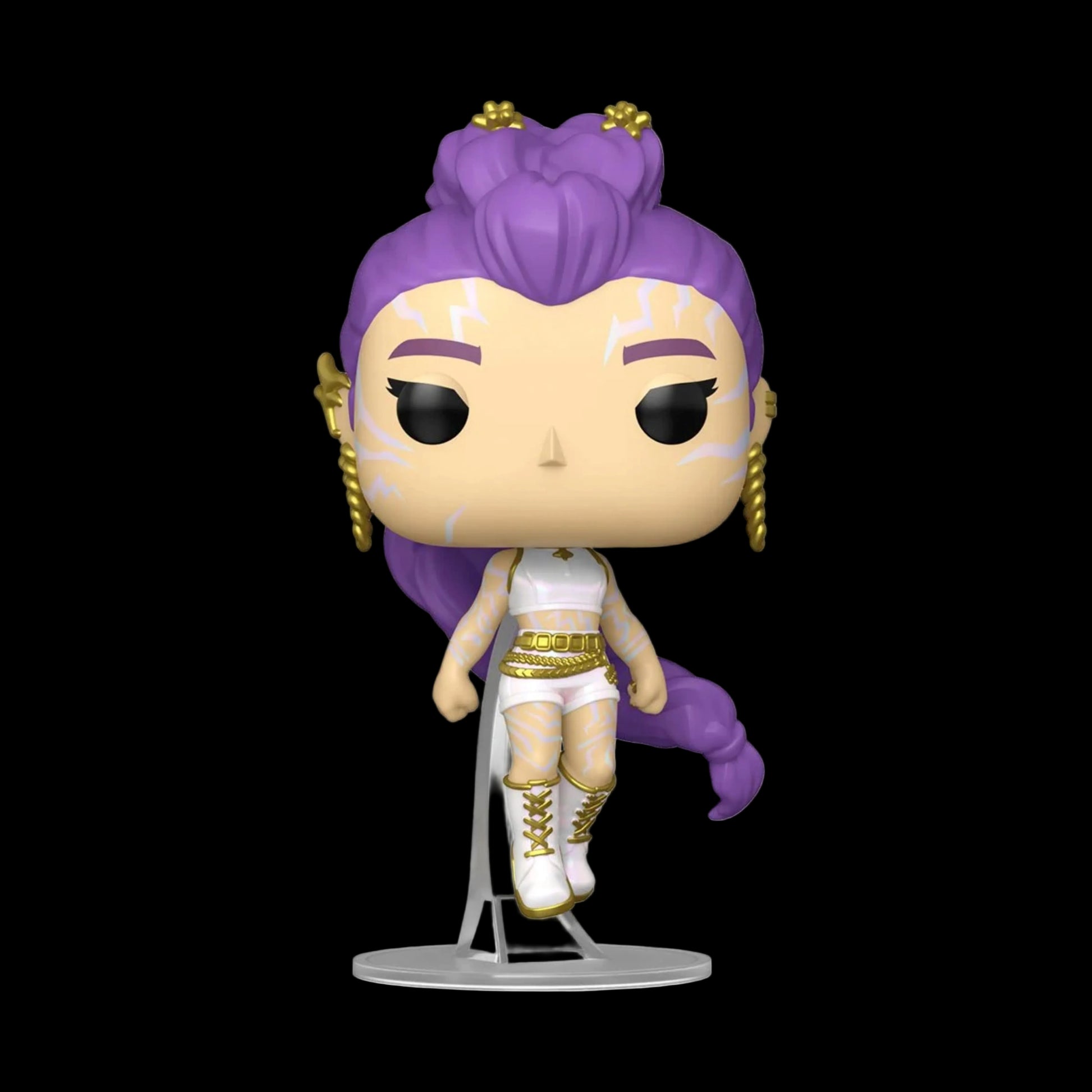 Funko Pop! vinyl figure with purple hair and white outfit on a white background