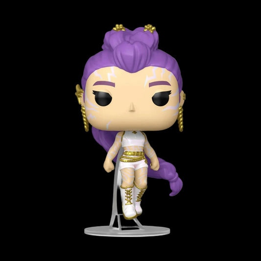 Funko Pop! vinyl figure with purple hair and white outfit on a white background