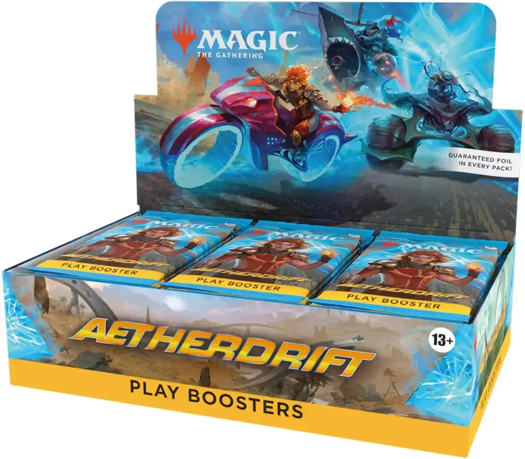 Magic: The Gathering Aetherdrift Booster Pack with 14 cards, featuring colorful fantasy artwork and game-themed card designs.