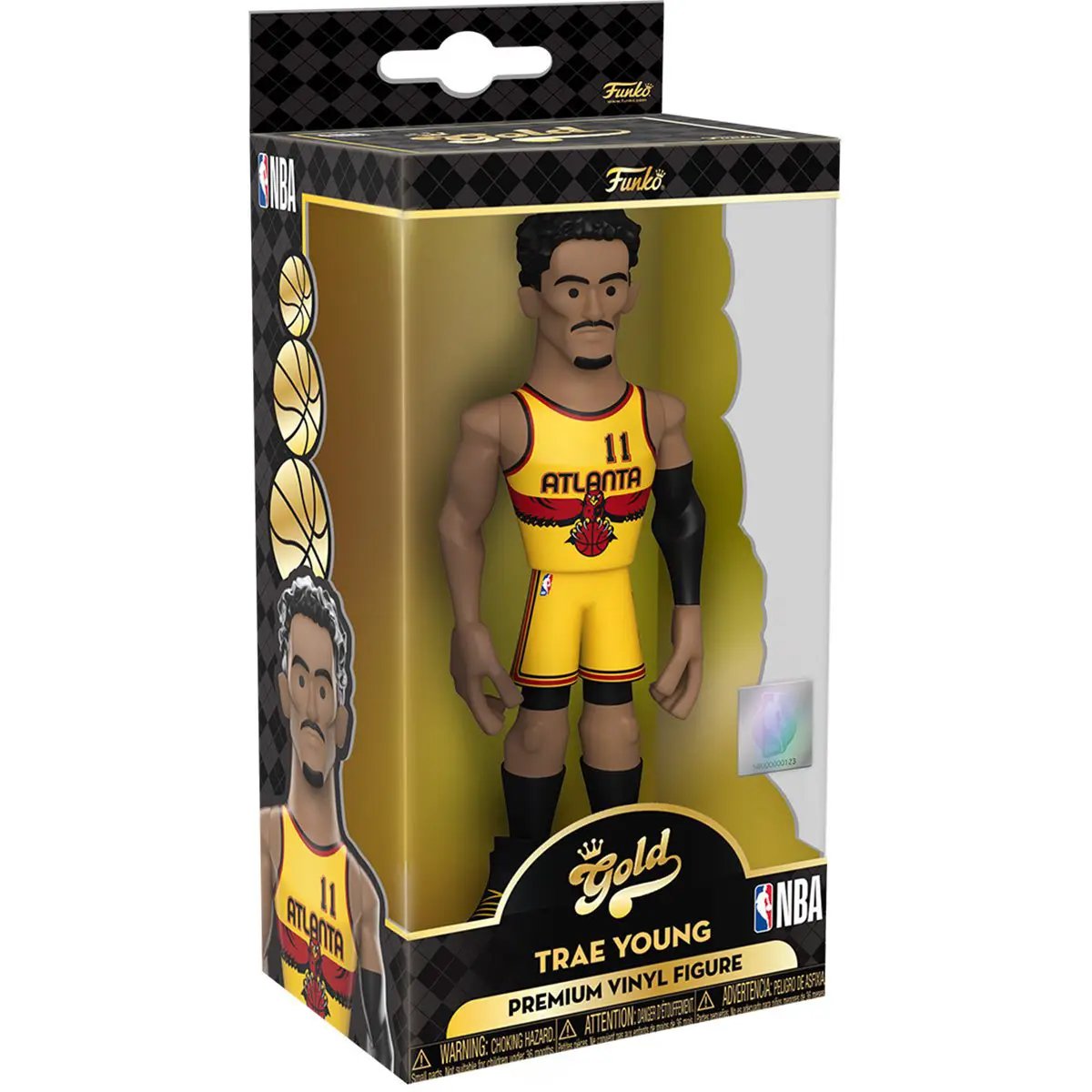 Gold vinyl NBA Trae Young figure, 5-inch size, featuring Atlanta Hawks branding and detailed sports collectible design