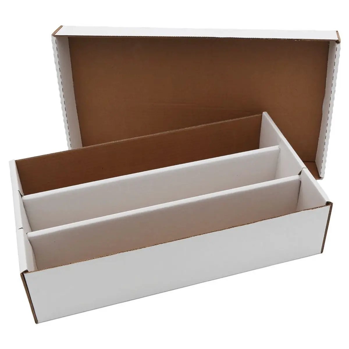Set of 3000 ACD cardboard card storage boxes by THE MIGHTY HOBBY SHOP, neatly stacked with box contents visible.