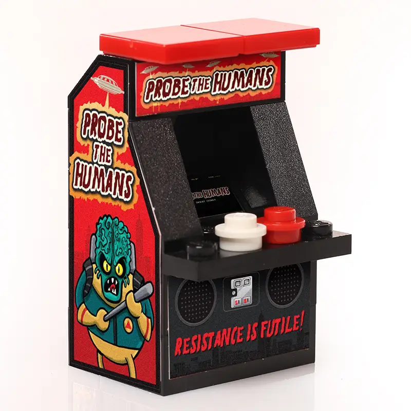 White Probe the Humans arcade machine by B3 Customs featuring classic arcade design and controls.