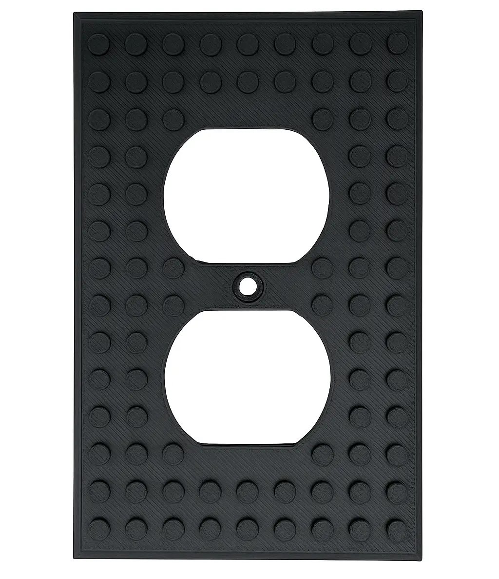 LEGO-compatible Build-On Duplex outlet cover wall plate from B3 Customs, featuring colorful toy brick design for kids’ rooms.