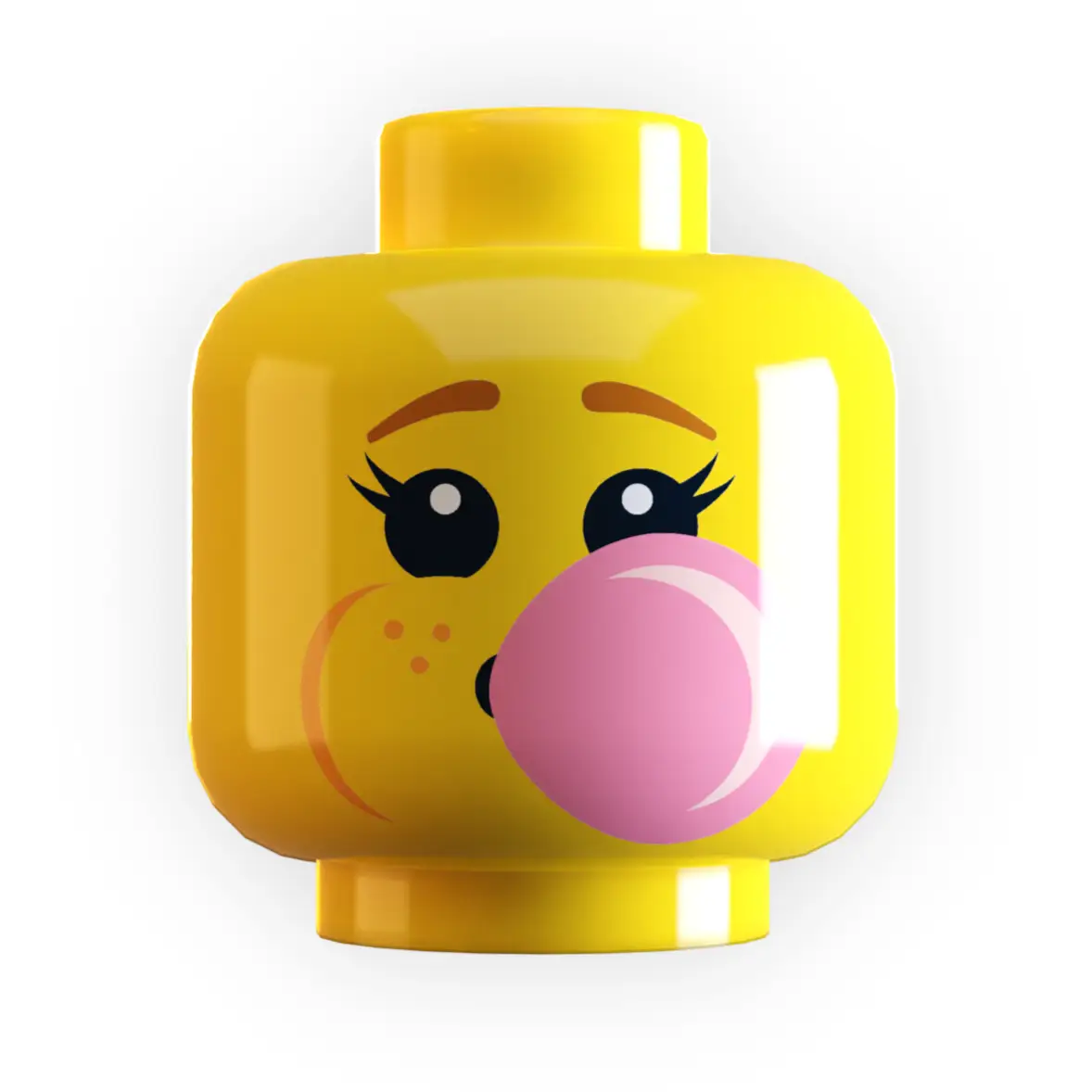 LEGO girl minifig head blowing bubble gum with detailed facial features and bright colors, created by B3 Customs.