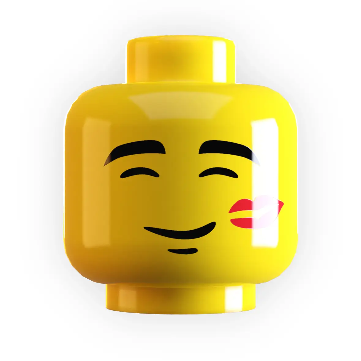 Minifig head with lipstick kiss mark from B3 Customs, featuring a yellow face with a lipstick kiss design.