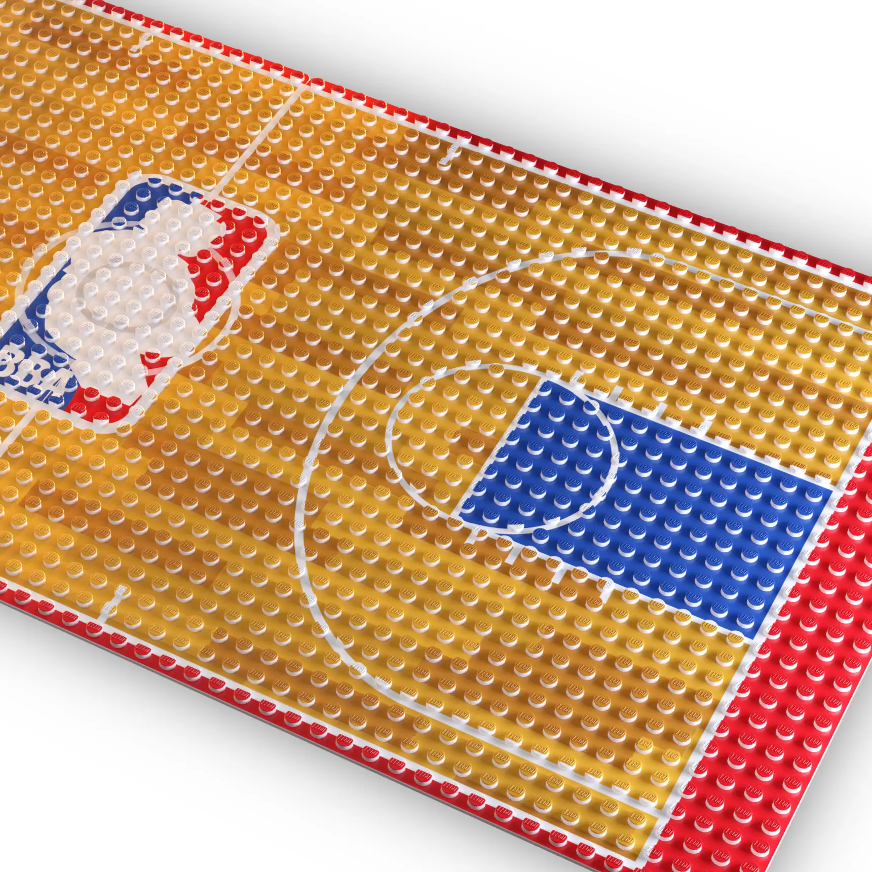 Custom LEGO basketball court baseplates by B3 Customs, featuring detailed NBA-style court with LEGO bricks and markings.