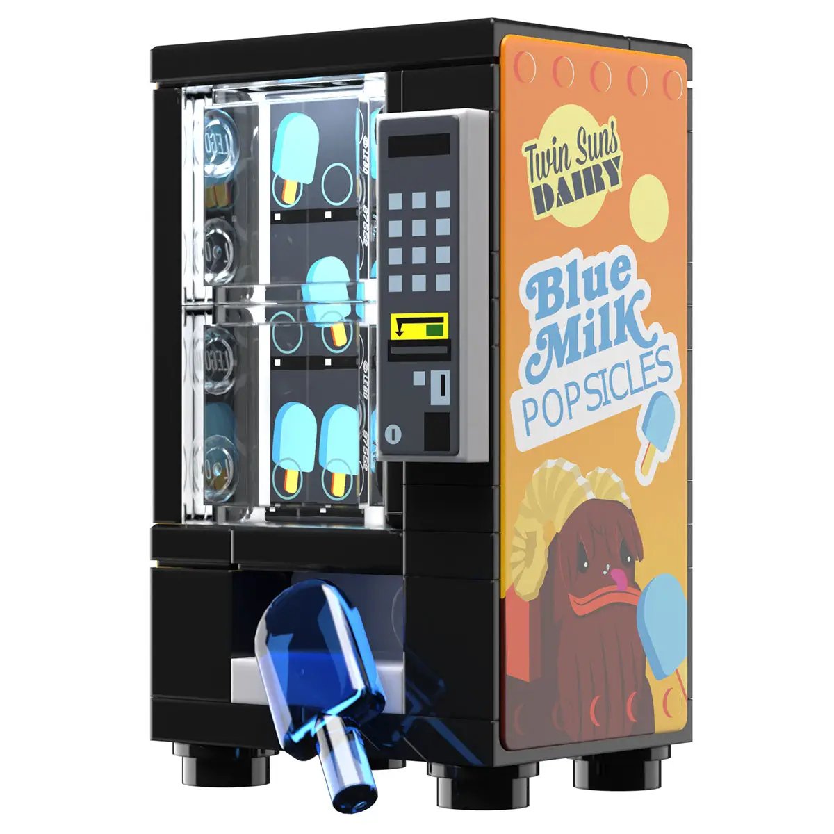 Custom LEGO B3 Customs Blue Milk Popsicles Vending Machine building set with detailed blue and white LEGO bricks.