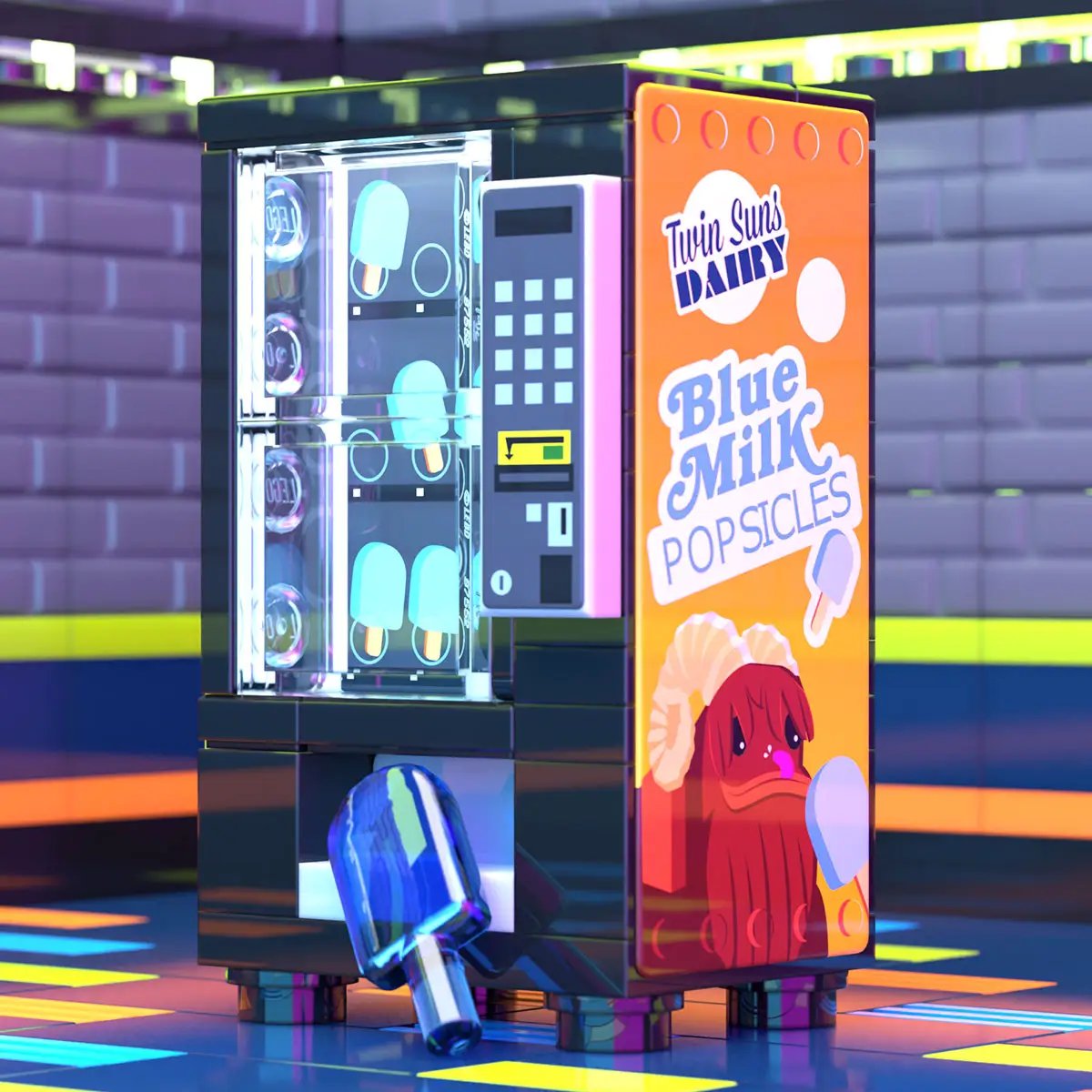 Custom LEGO B3 Customs blue milk popsicles vending machine building set with detailed LEGO parts, designed for creative play.