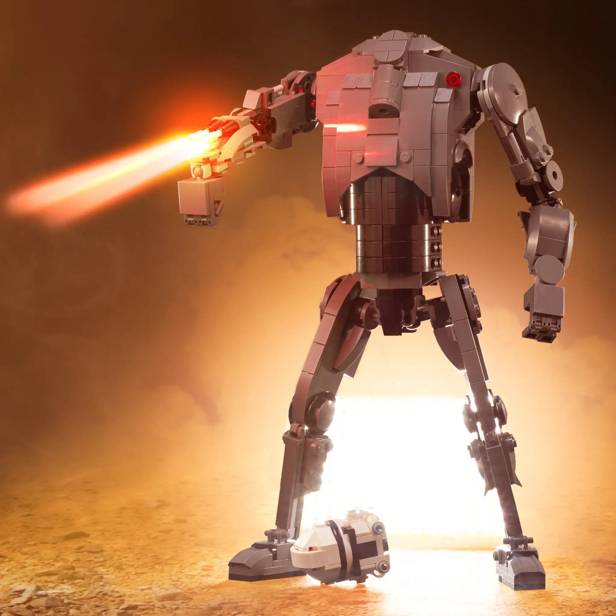 Custom LEGO Star Wars Super Battle Droid MOC by B3 Customs, featuring detailed LEGO parts in a dynamic battle pose.
