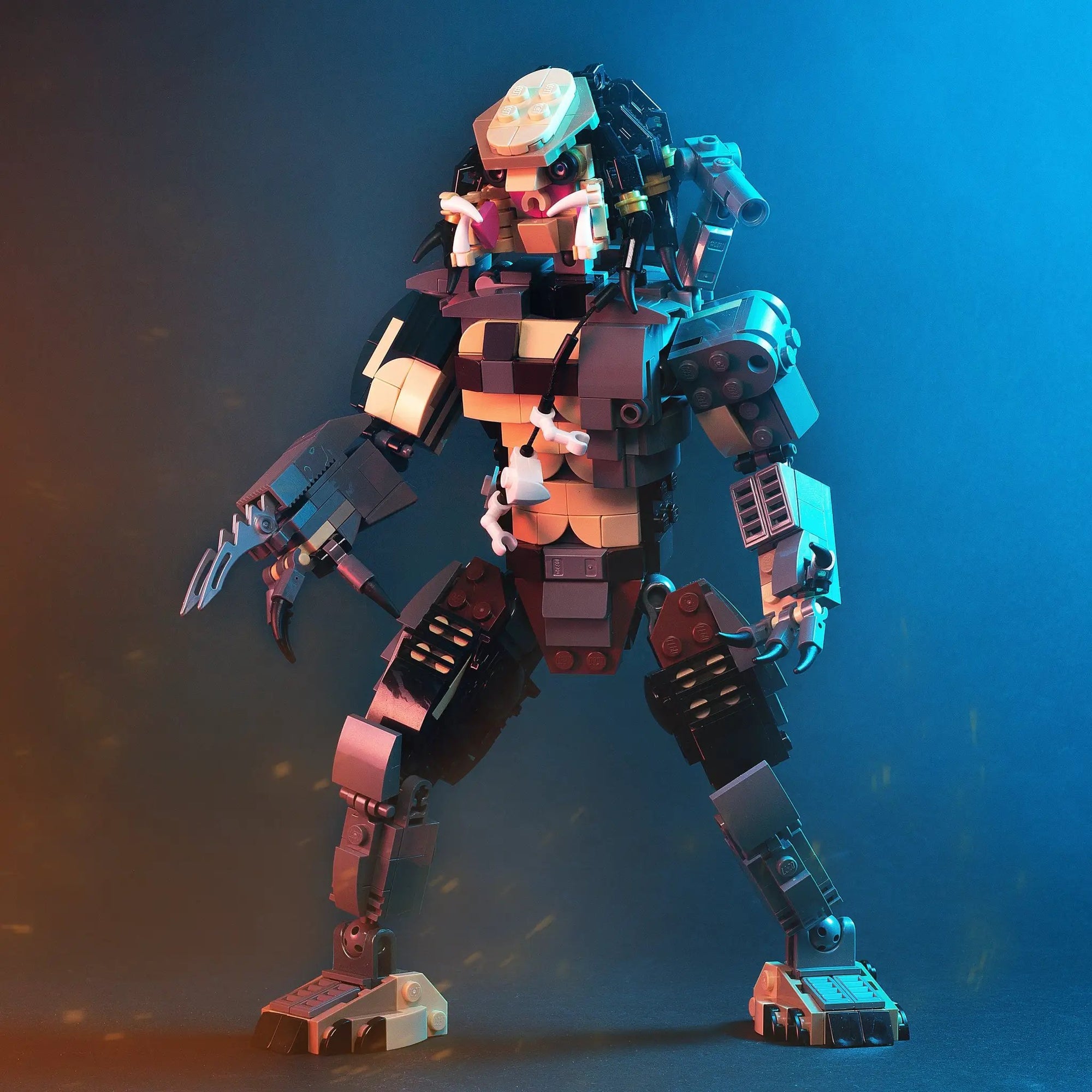 Colorful Predator custom LEGO kit by B3 Customs, featuring intricate LEGO parts assembled into a detailed Predator figure.