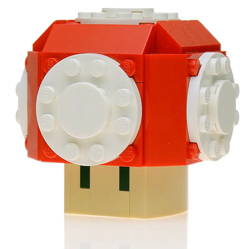 Red Power Up Mushroom LEGO custom kit by B3 Customs, featuring a detailed LEGO-built mushroom with vibrant red and white colors.