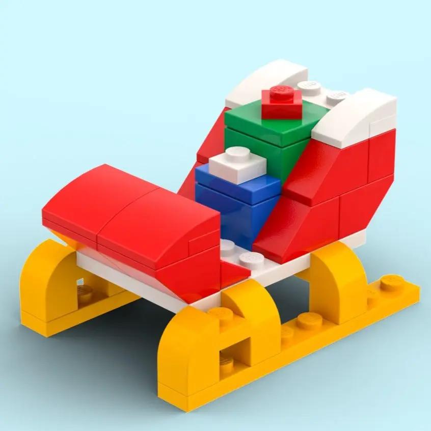 Custom LEGO Santa Christmas sleigh set by B3 Customs, featuring detailed red and gold festive sleigh with reindeer and holiday decorations.