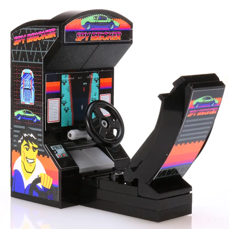 Custom LEGO kit Spy Bricker arcade racing game by B3 Customs featuring a white LEGO-built racing car and detailed control panel.
