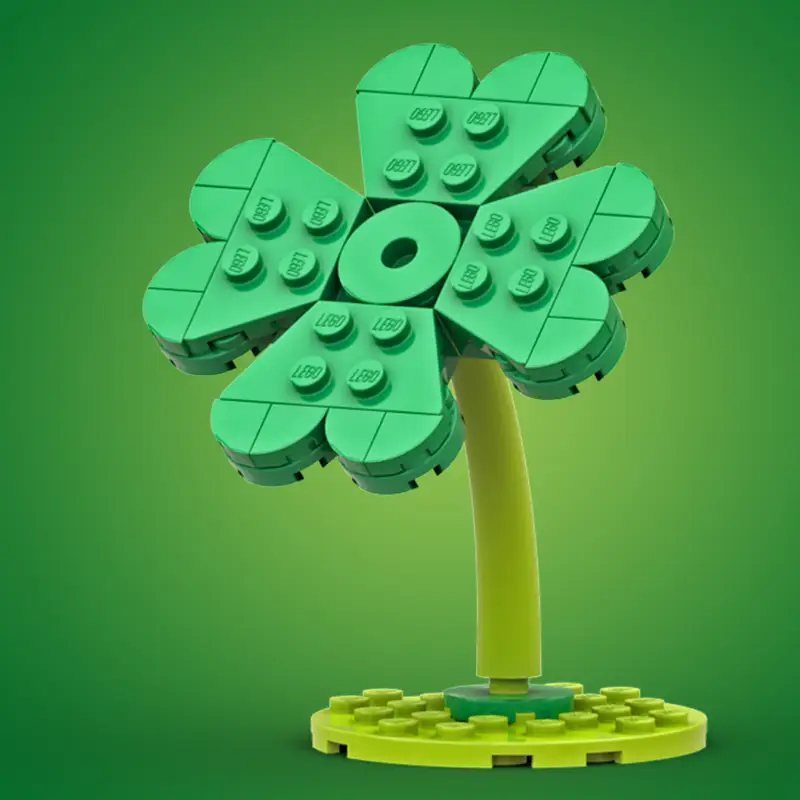 Colorful custom LEGO shamrock and four-leaf clover kit by B3 Customs for St. Patrick's Day celebrations.