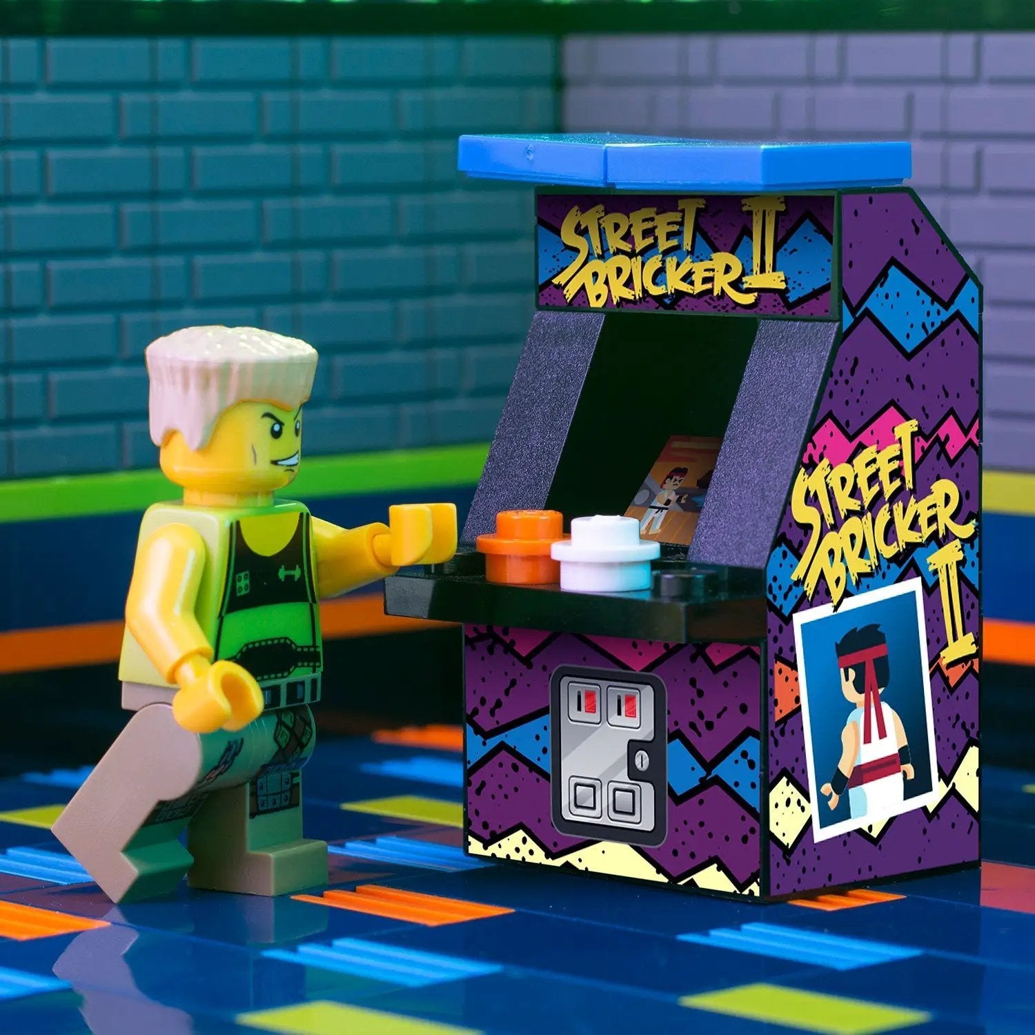 B3 Customs Street Bricker II Classic Arcade Machine LEGO kit with detailed brick design and colorful arcade controls.