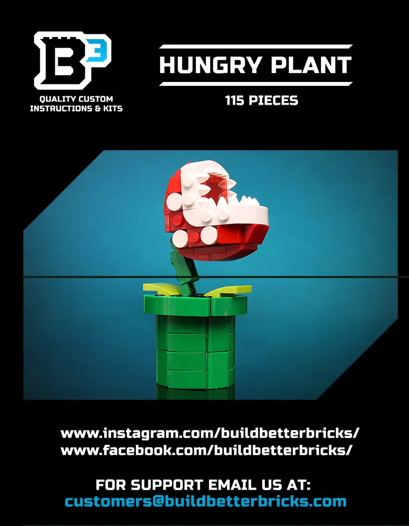 Custom LEGO kit by B3 Customs featuring a vibrant, detailed Hungry Plant figure on a colorful background.