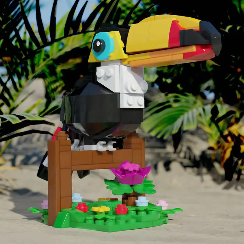 Custom LEGO Toucan from B3 Customs featuring colorful LEGO parts and detailed bird design on a white background.