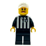 Custom LEGO football referee minifigure made by B3 Customs, featuring a referee uniform and accessories.
