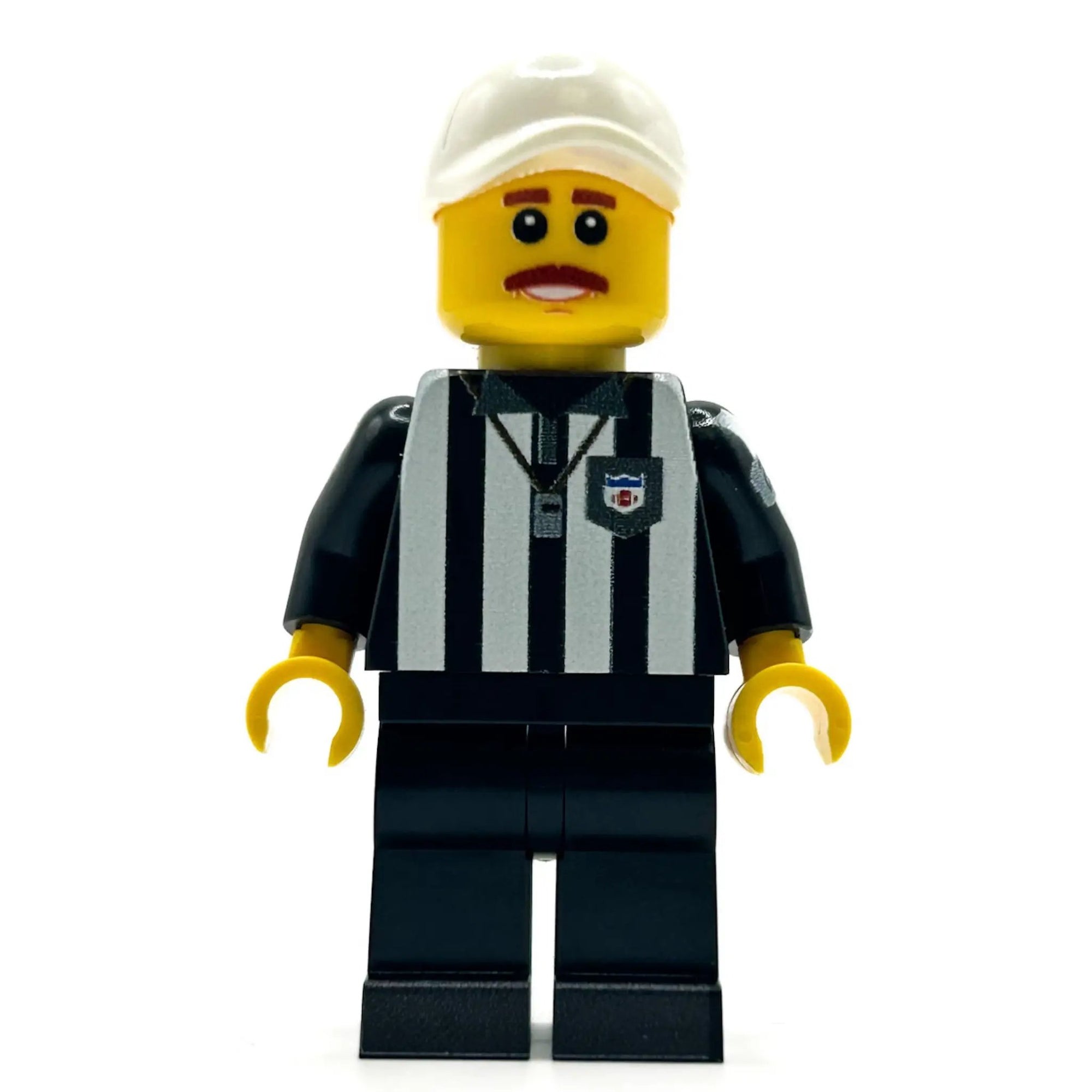 Custom LEGO football referee minifigure made by B3 Customs, featuring a referee uniform and accessories.