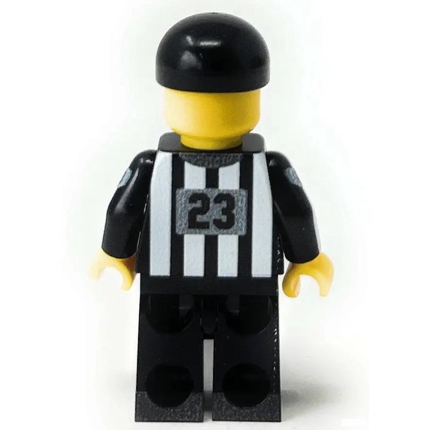 Custom LEGO referee minifigure by B3 Customs, featuring a referee uniform, whistle, and LEGO-style details.