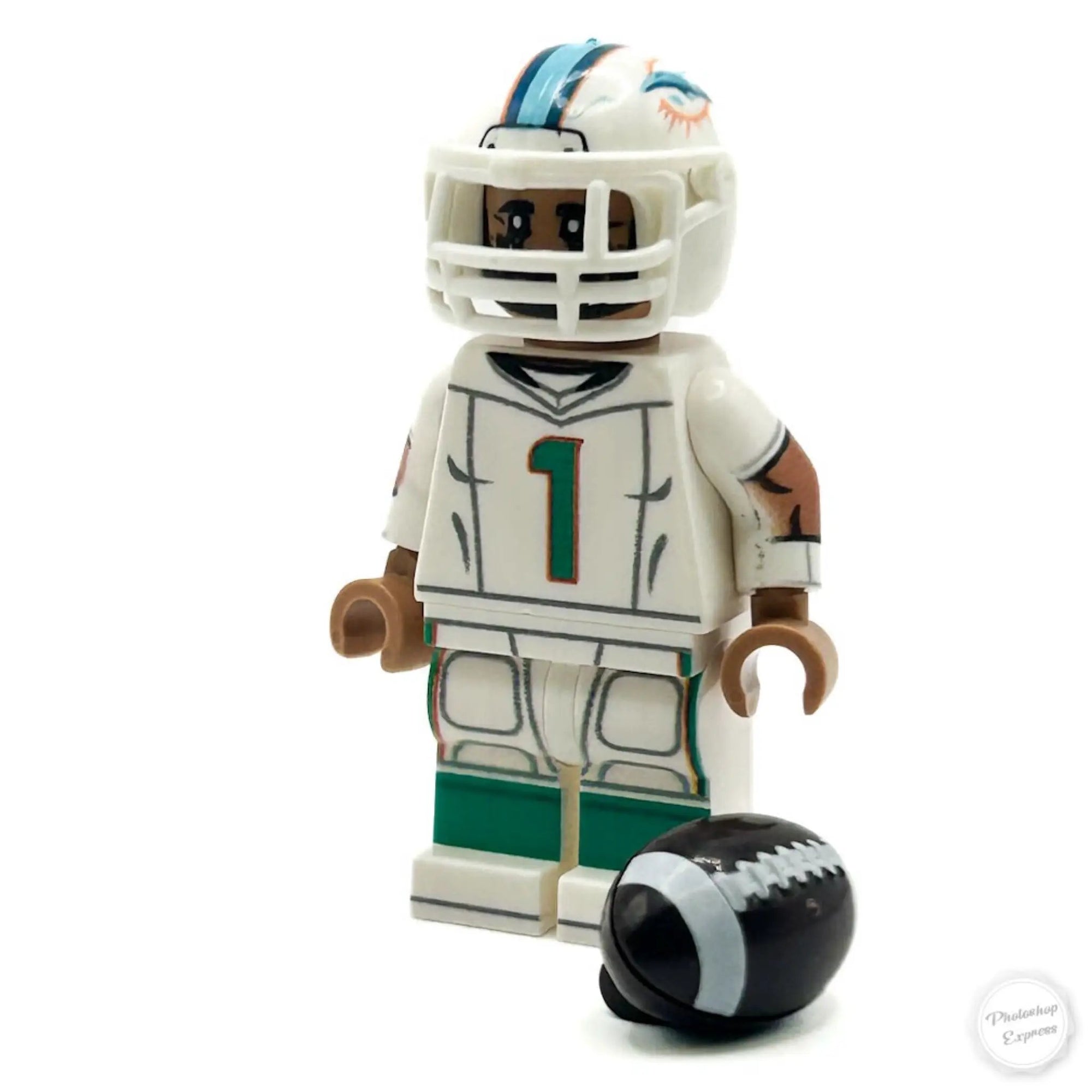 Custom LEGO minifigure of Tua Dolphins football player by B3 Customs, detailed LEGO-style figurine with Dolphins jersey and helmet.