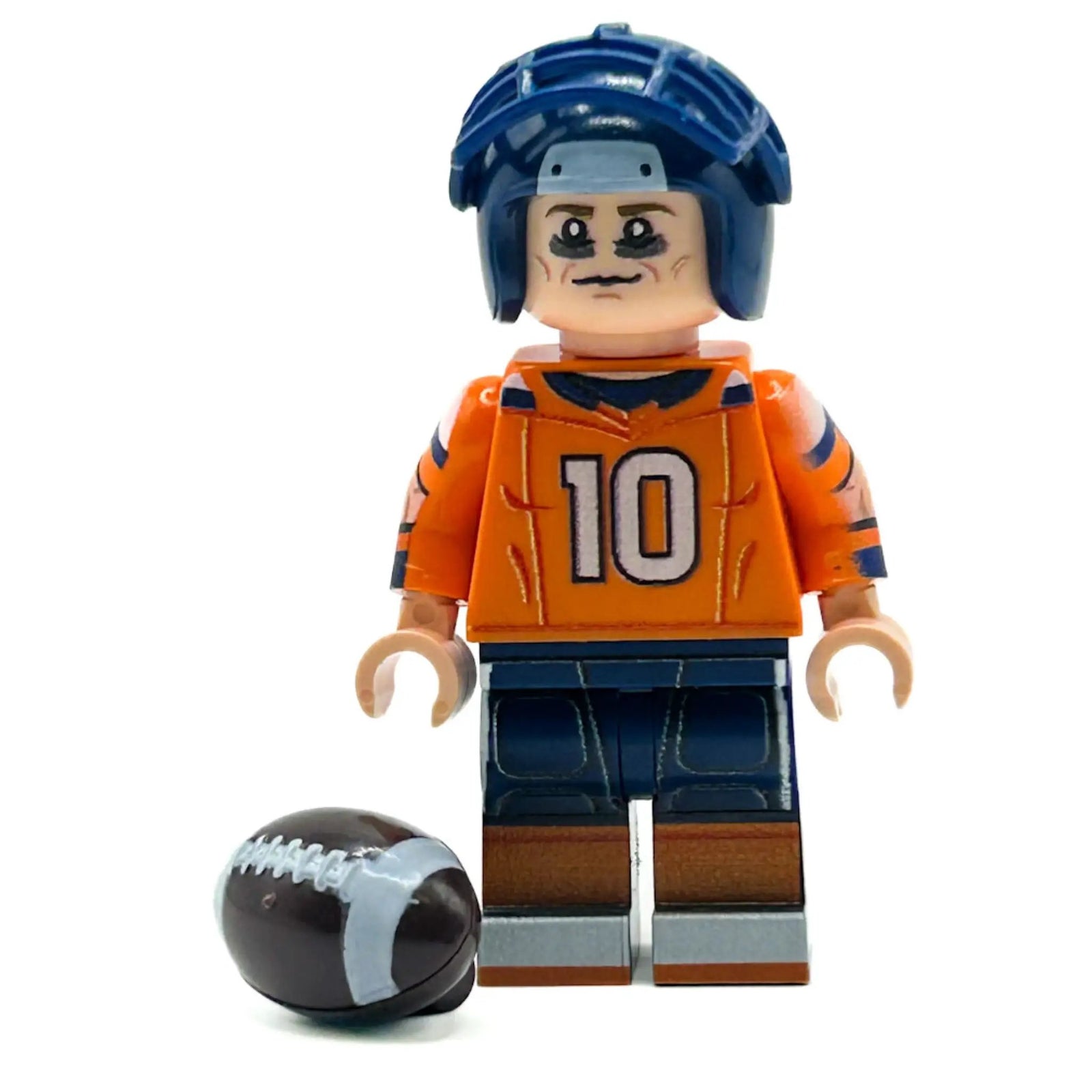 Custom LEGO minifigure of Bo Nix as a Broncos football player, made by B3 Customs with detailed LEGO parts.