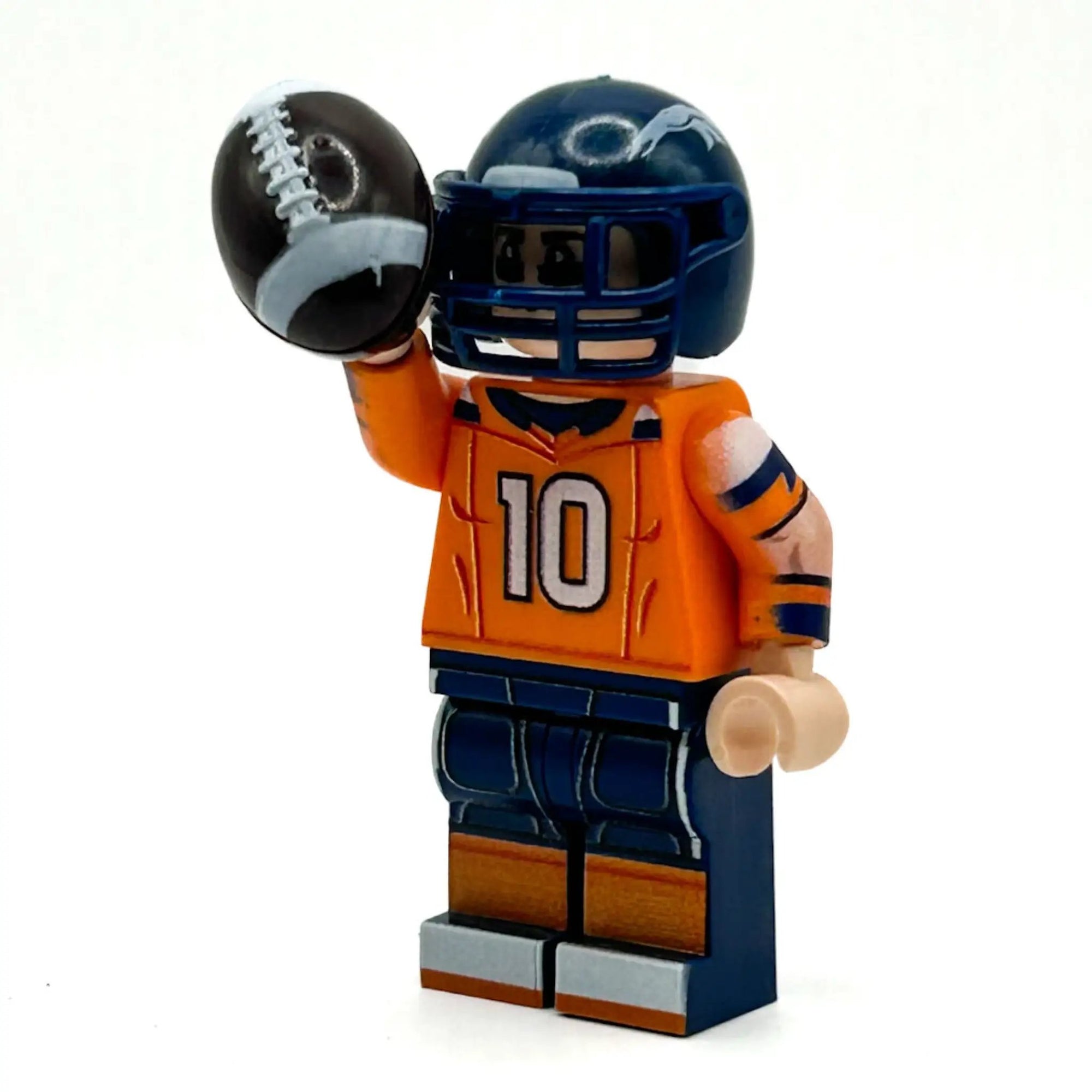 Custom LEGO minifigure of QB Broncos football player Minifig by B3 Customs, featuring detailed team jersey and helmet.