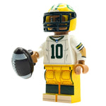 Custom LEGO minifigure of Green Bay Packers quarterback Jordan Love by B3 Customs, featuring green jersey and football accessories.