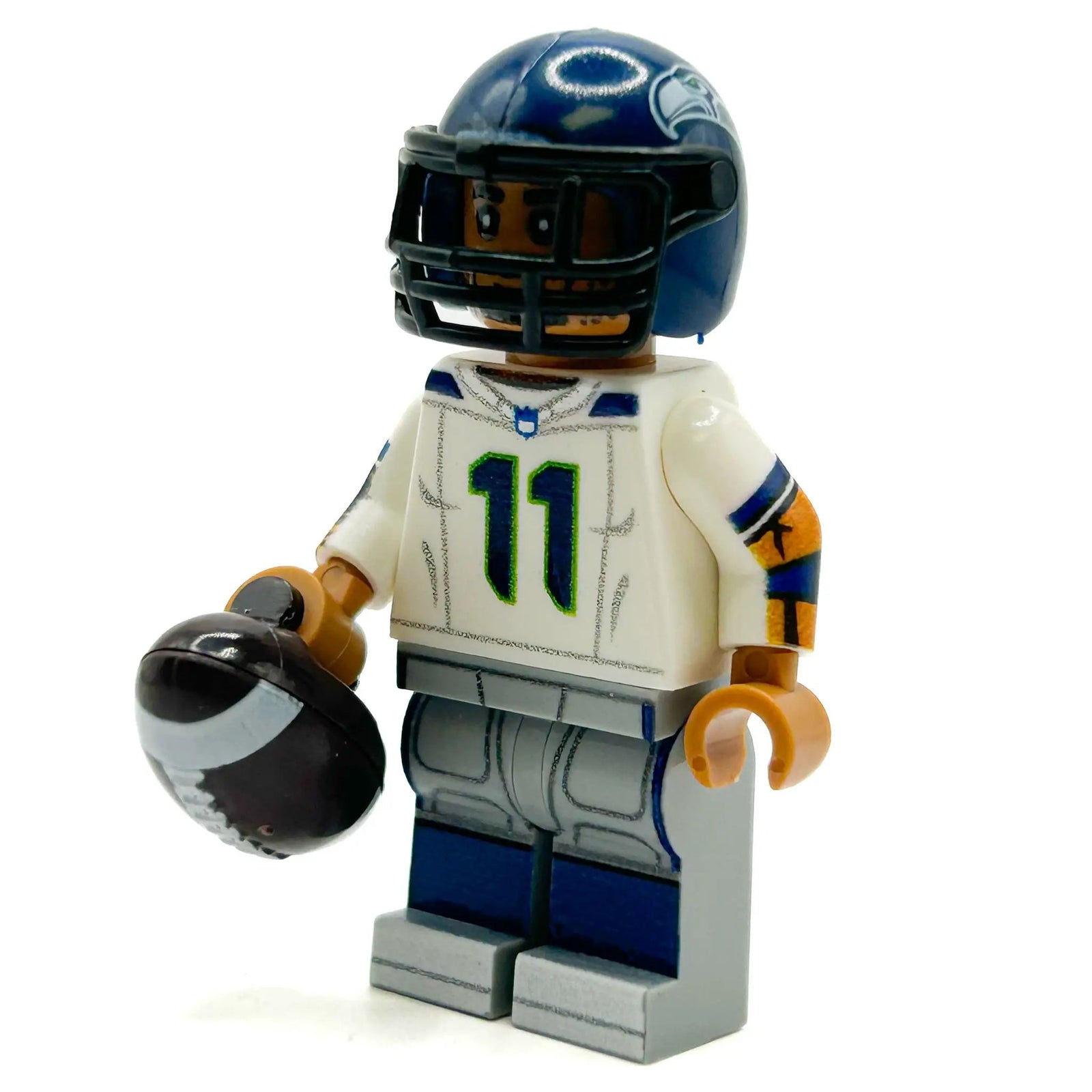 Custom B3 Customs Seattle Seahawks football player LEGO minifigure, detailed mini figure with team jersey and helmet.
