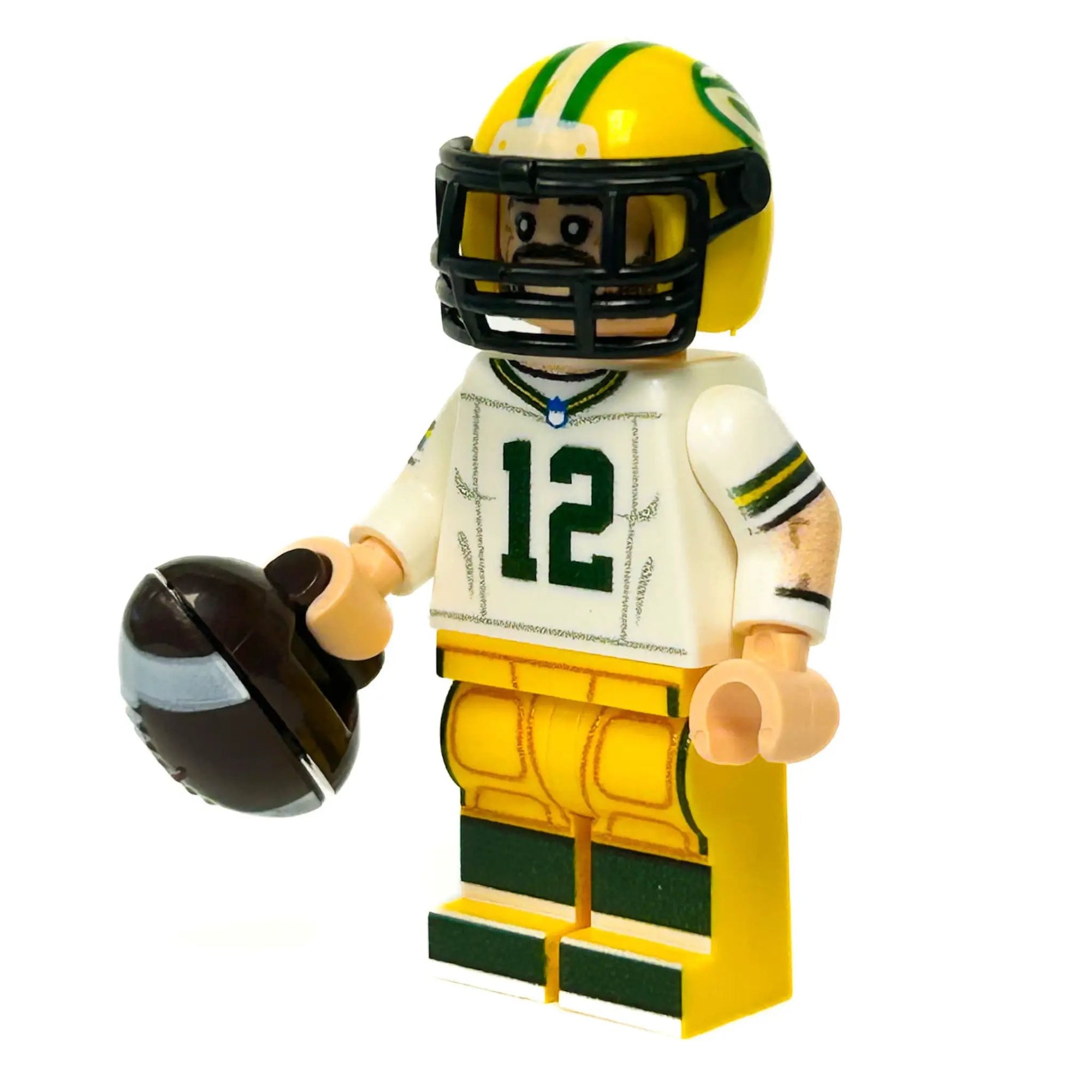 Custom LEGO minifigure of a Green Bay Packers #12 QB football player by B3 Customs, detailed with team jersey and helmet.