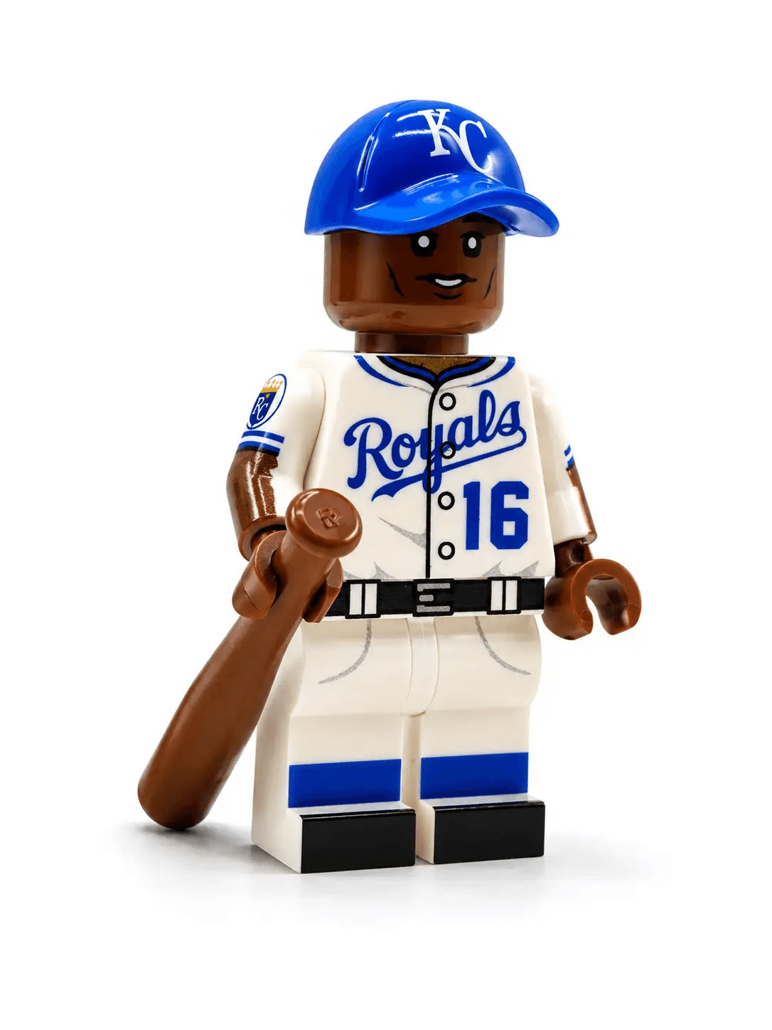 Custom LEGO Minifigure of a baseball player, KC Outfielder Legends, by B3 Customs, showing detailed uniform and baseball gear.