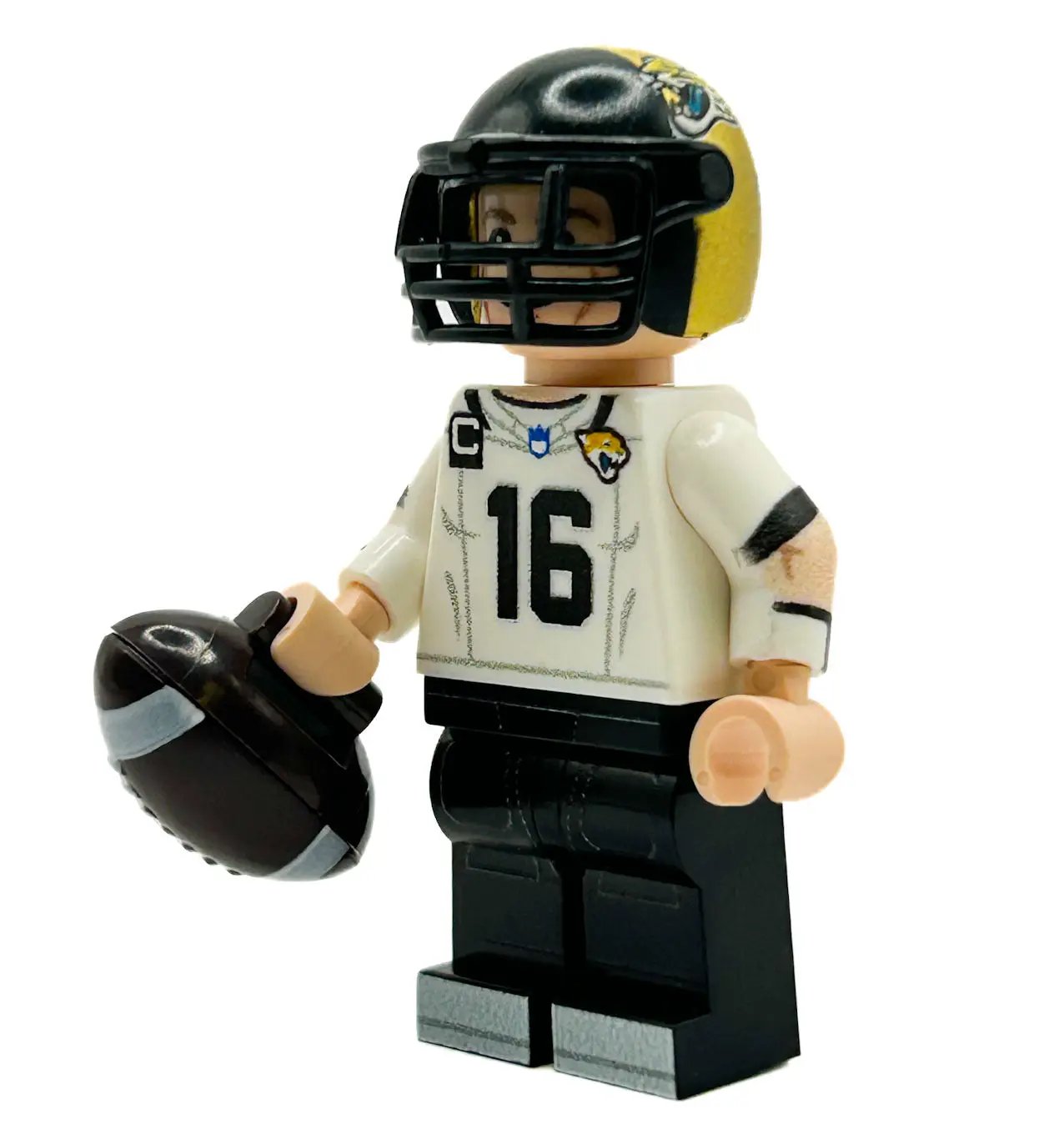 Custom LEGO minifigure of QB Jax football player made with LEGO parts by B3 Customs, featuring a detailed football uniform and helmet.