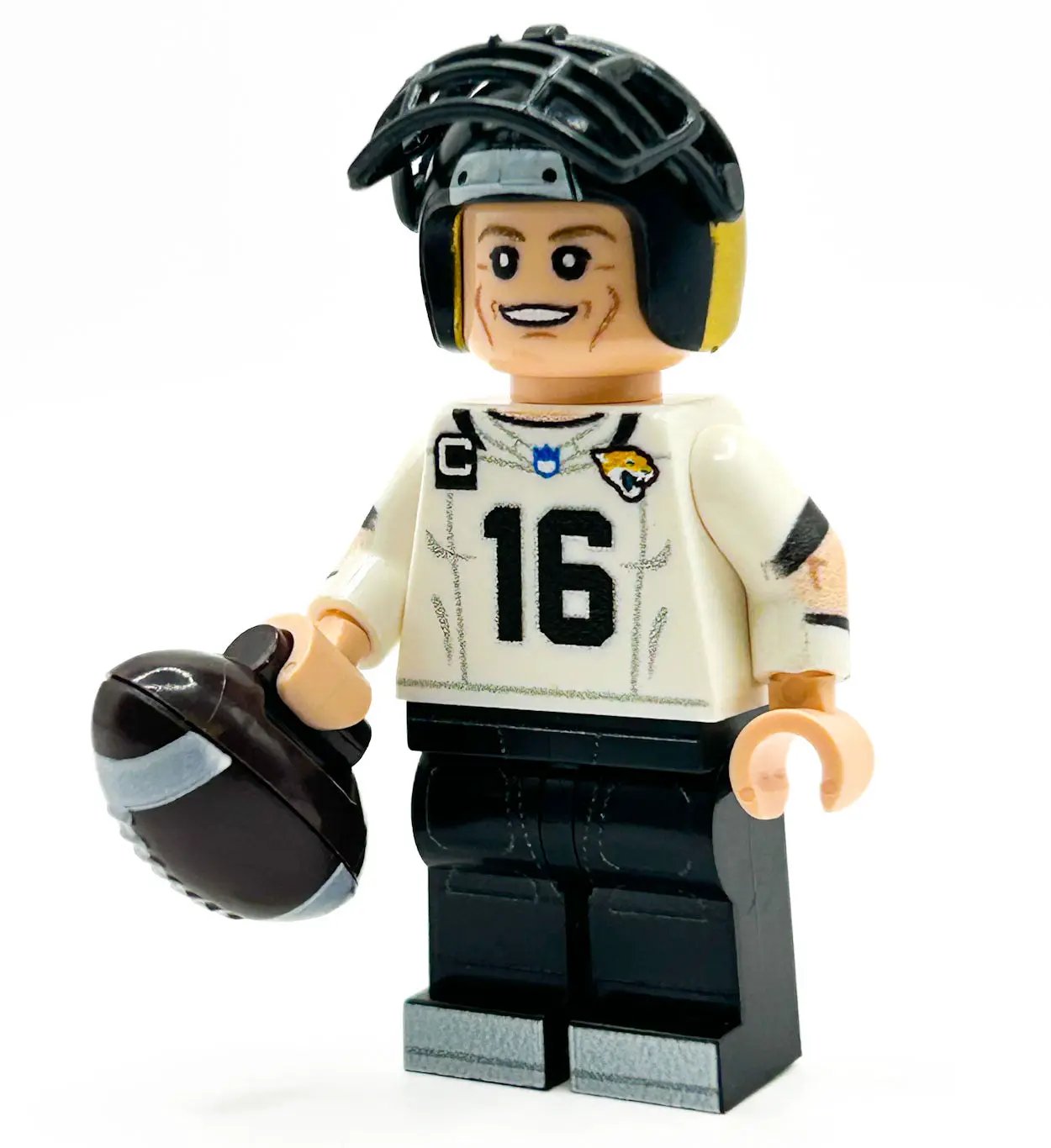 Custom LEGO QB Jax football player minifigure by B3 Customs, featuring detailed LEGO parts and athletic football uniform.