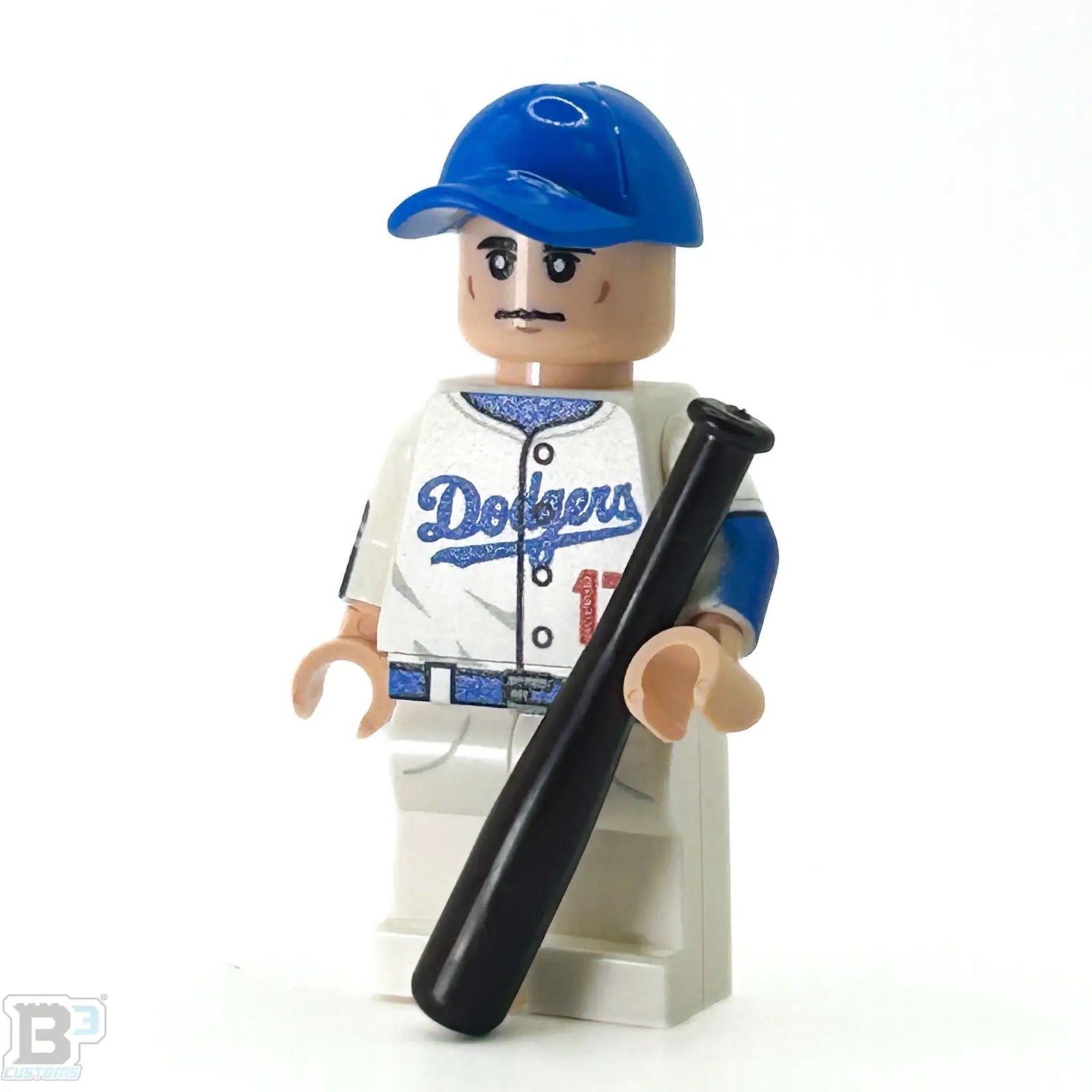 Custom LEGO minifigure of Shohei Ohtani in white Los Angeles baseball uniform, made by B3 Customs.