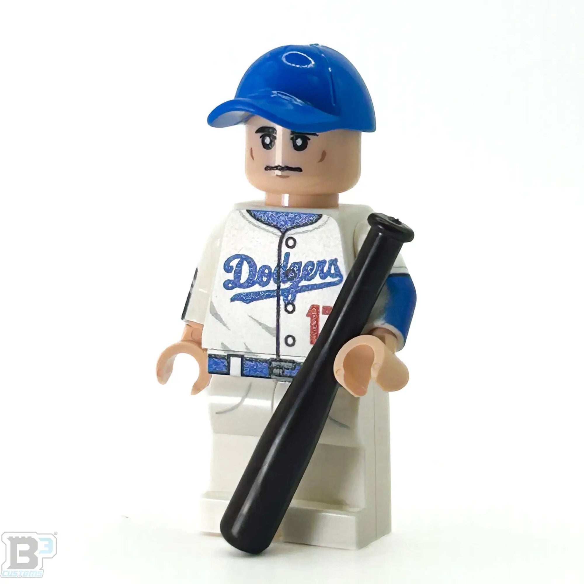 Custom LEGO minifigure of Shohei Ohtani in white Los Angeles baseball uniform, made by B3 Customs.