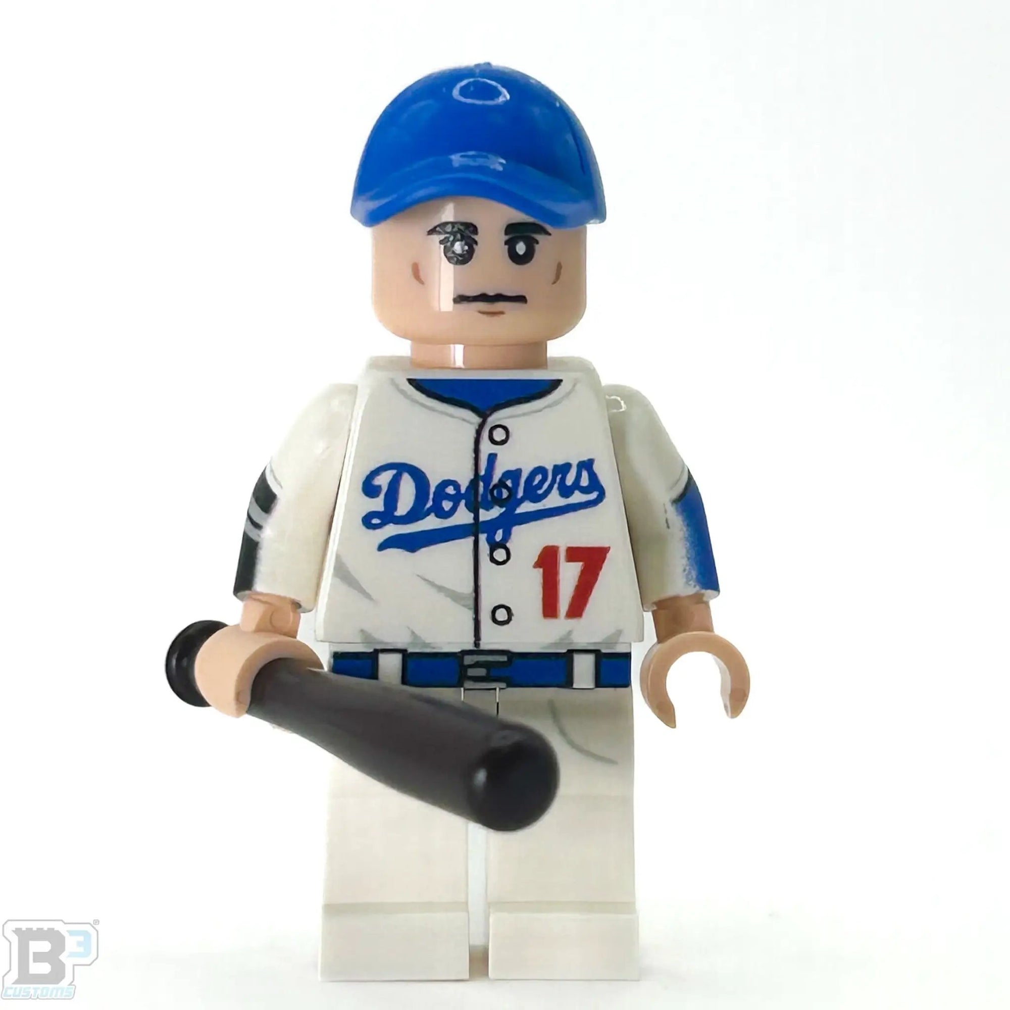 Custom B3 Customs Shohei Ohtani baseball minifigure in white uniform, detailed LEGO-style figurine of LA Dodgers player.