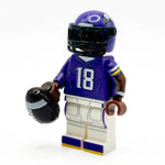 Custom LEGO minifigure of Vikings football player Justin Jefferson by B3 Customs, featuring detailed team uniform and helmet.