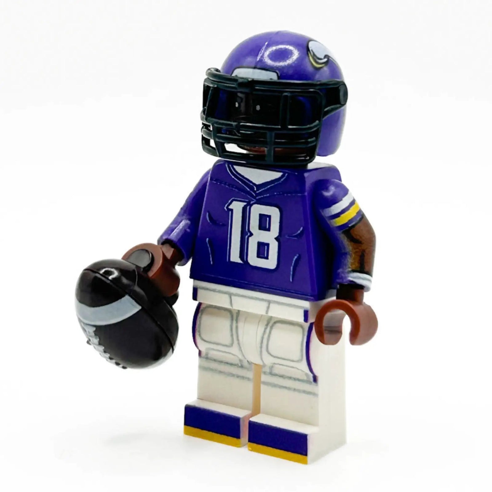 Custom LEGO minifigure of Vikings football player Justin Jefferson by B3 Customs, featuring detailed team uniform and helmet.