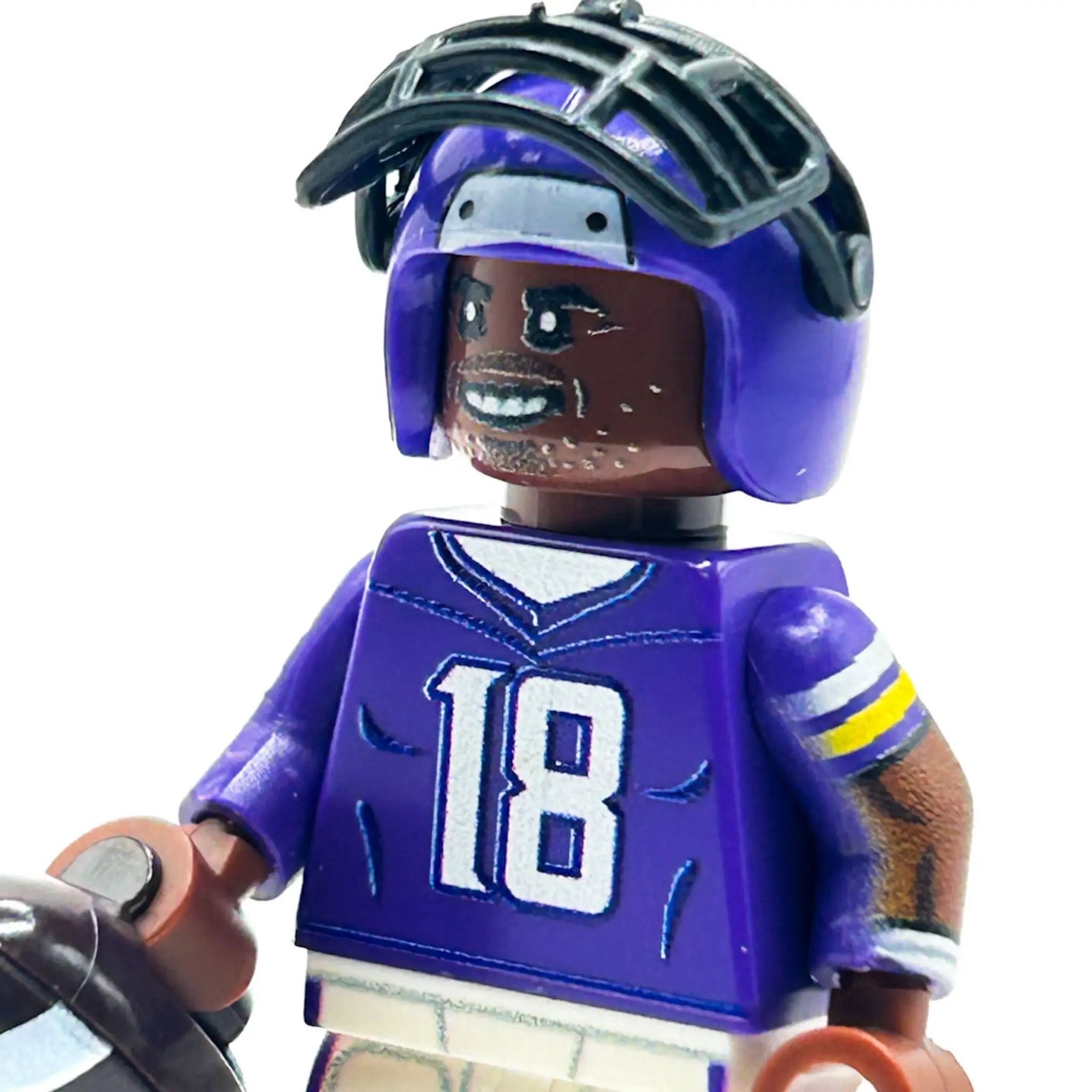 Custom LEGO minifigure of Vikings football player Justin Jefferson from B3 Customs, featuring detailed team jersey and helmet.