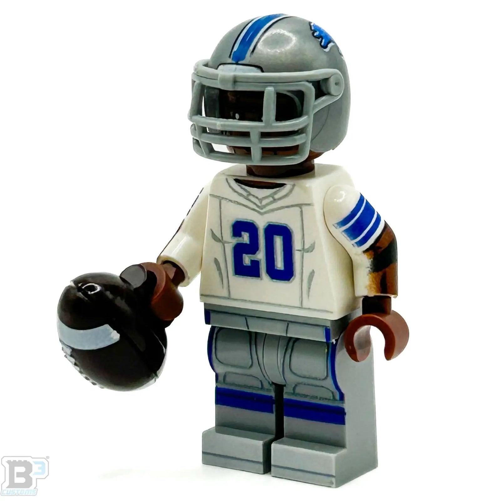 Custom LEGO minifigure of Barry from Detroit Lions football team by B3 Customs, featuring detailed team jersey and helmet.