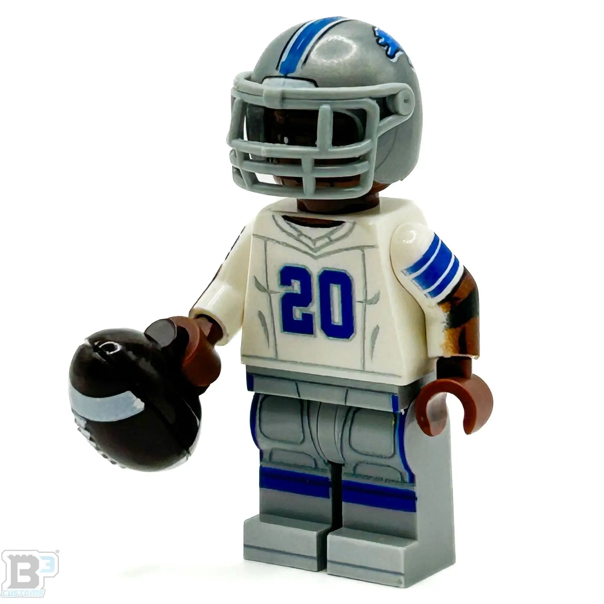 Custom LEGO minifigure of Barry from Detroit Lions football team by B3 Customs, featuring detailed team jersey and helmet.