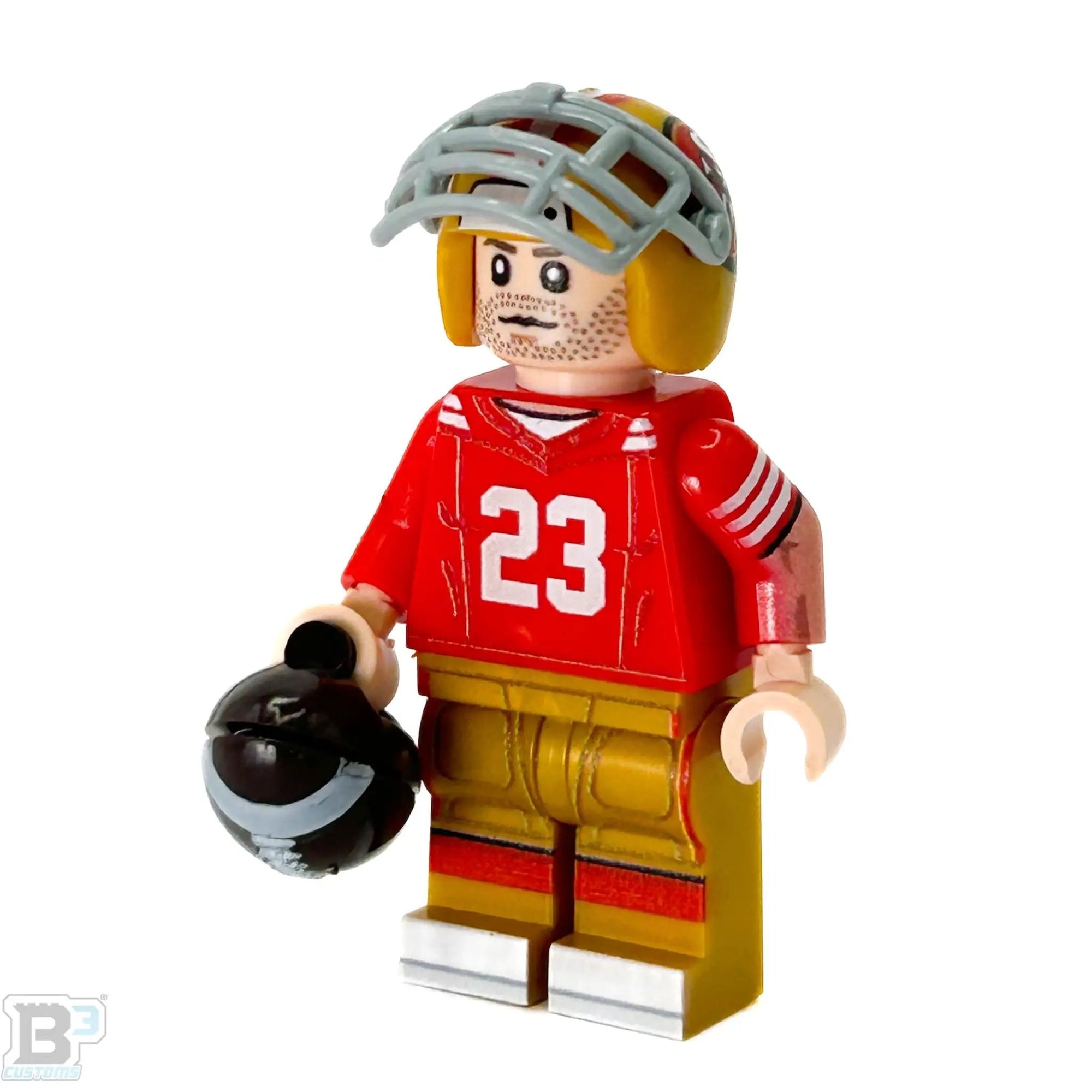 Custom RB San Francisco football player minifigure by B3 Customs, featuring detailed team jersey and helmet, LEGO-style design.