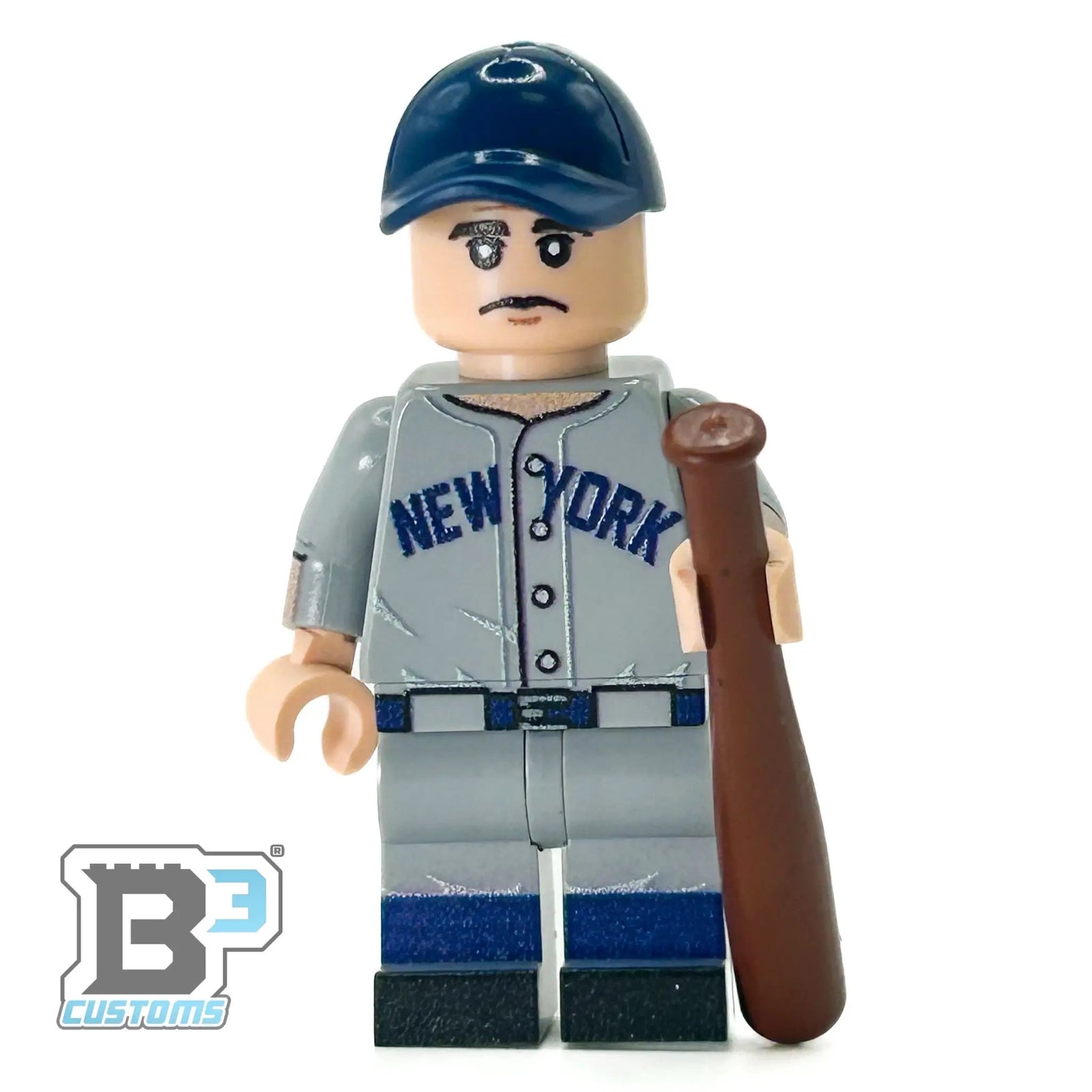 Custom B3 Customs LEGO Babe Ruth baseball player minifigure with detailed baseball uniform and iconic pose.