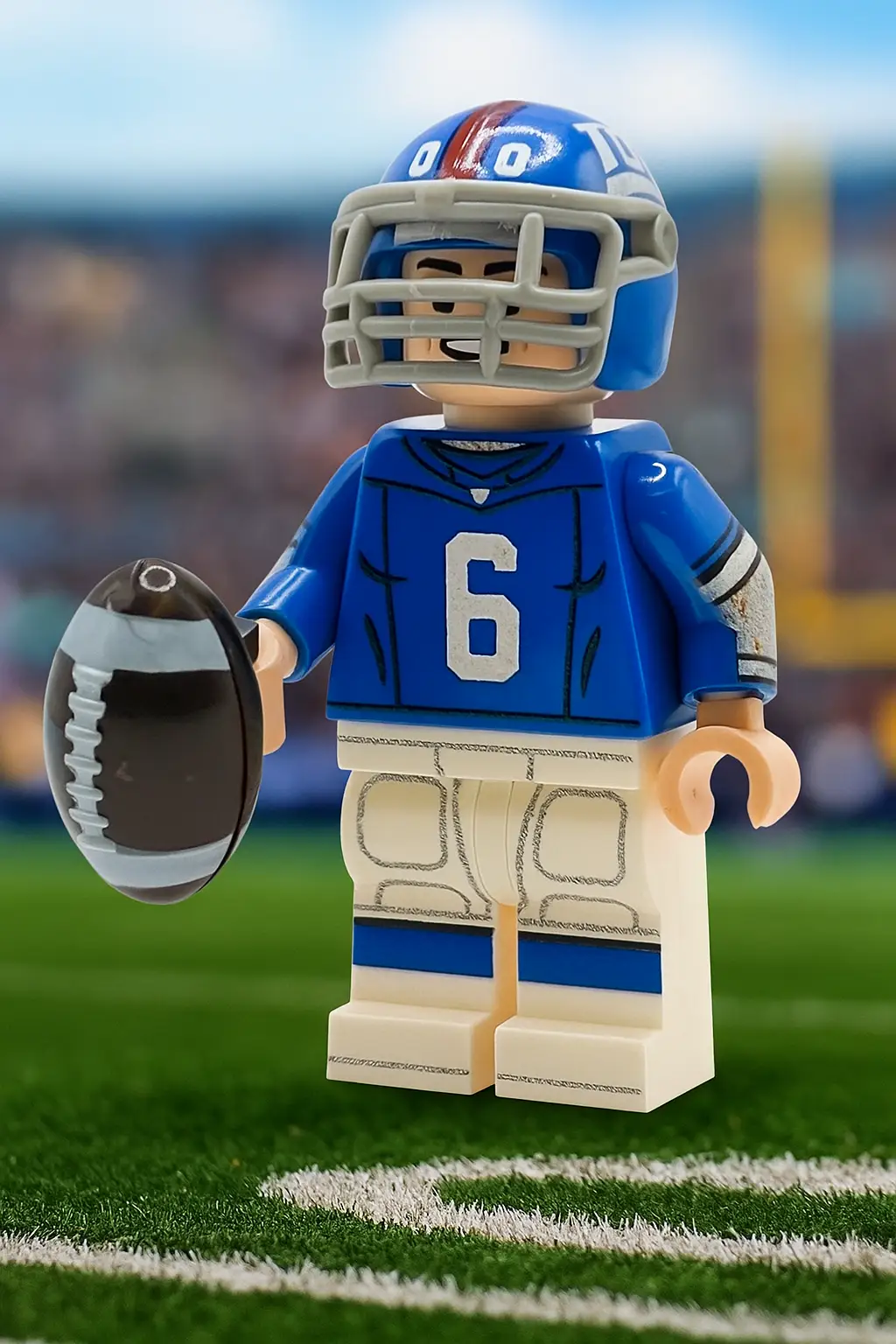 Custom LEGO Minifigure of Jaxson Dart as NY Giants quarterback, designed by B3 Customs, featuring detailed football uniform and accessories.