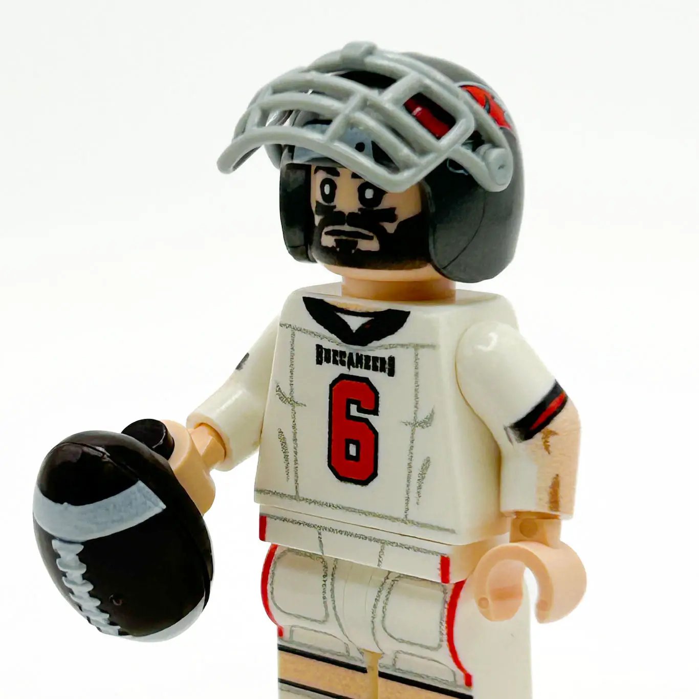Custom LEGO minifigure of a Tampa Bay Buccaneers football player made with B3 Customs LEGO parts, featuring team uniform details.