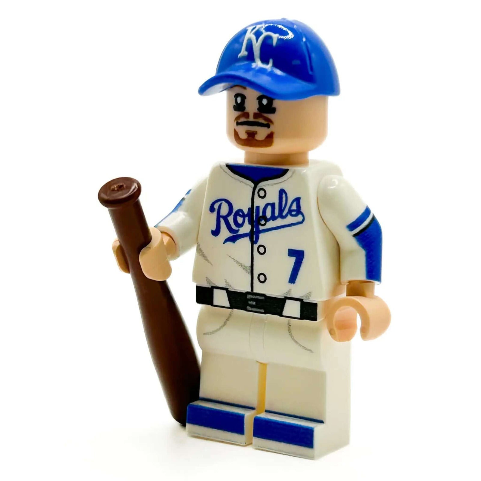 Custom KC Baseball Player Minifigure by B3 Customs, detailed LEGO minifigure with baseball uniform and cap, front view.