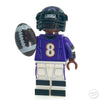 Custom LEGO minifigure of a #8 QB Ravens football player by B3 Customs, featuring detailed team jersey and football accessories.