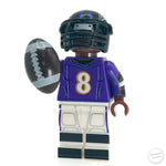 Custom LEGO minifigure of a #8 QB Ravens football player by B3 Customs, featuring detailed team jersey and football accessories.