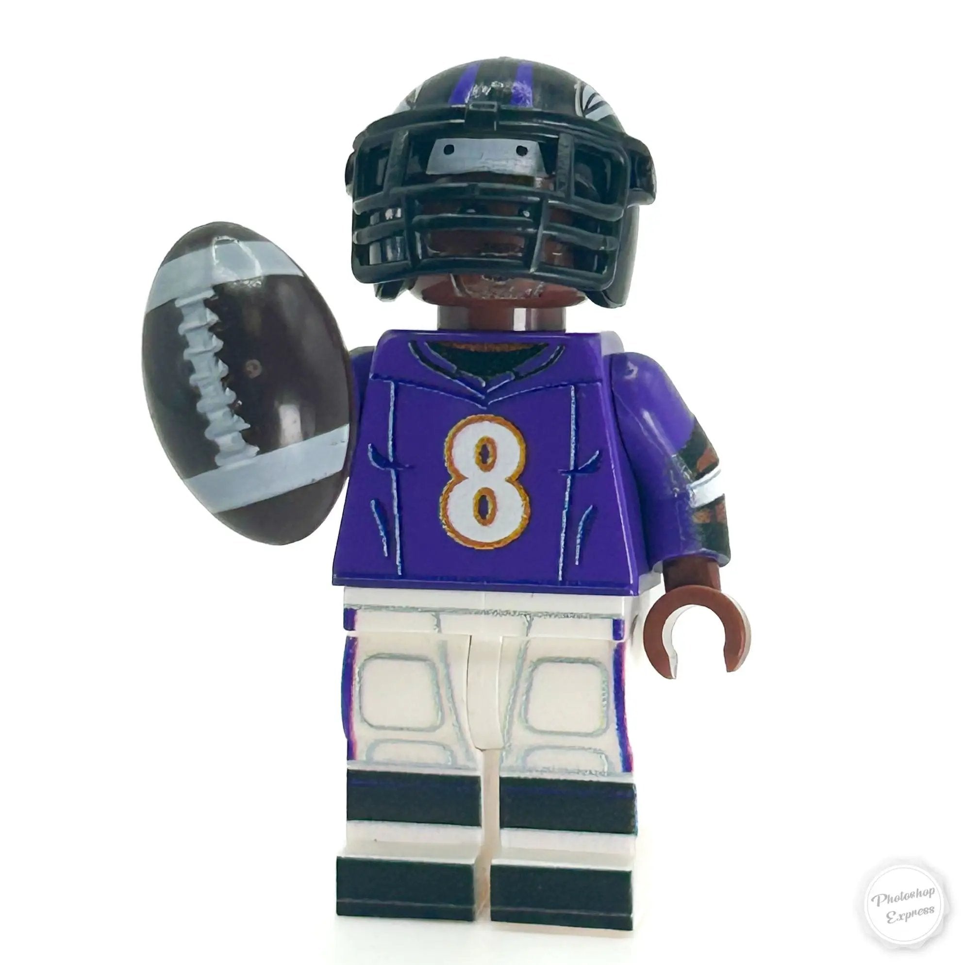 Custom LEGO minifigure of a #8 QB Ravens football player by B3 Customs, featuring detailed team jersey and football accessories.